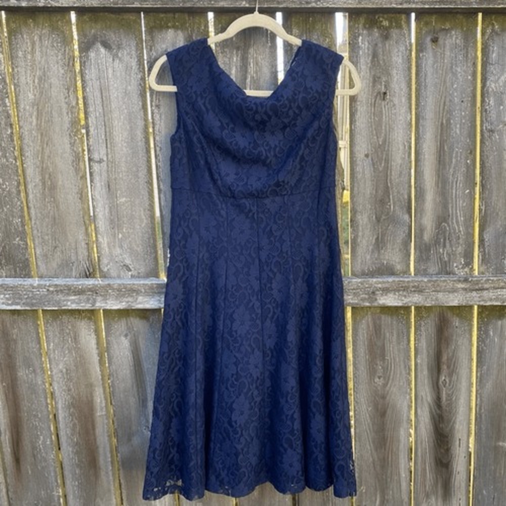 Lauren Ralph Lauren Navy Blue Floral Lace Cowl Neck Fit‎ Flare Dress Womens 6